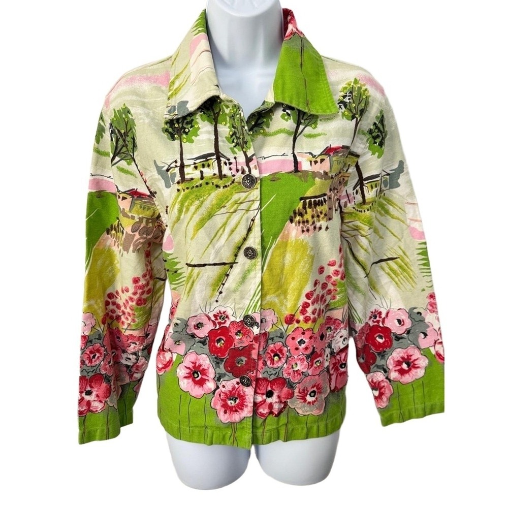Keren Hart Jacket Women's M Whimsical Floral‎ Long Sleeve Collared Sequin Button